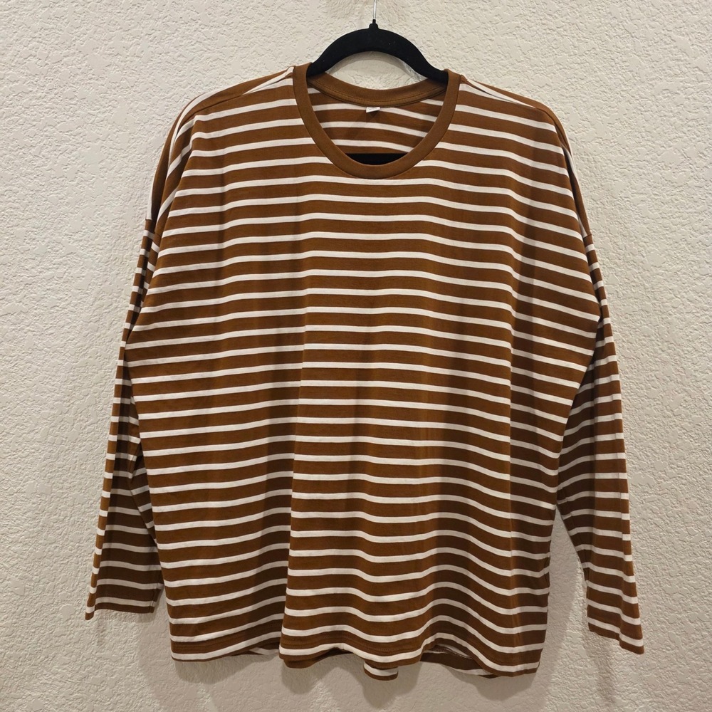 Uniqlo Long Sleeve Cotton T-Shirt Womens L Brown White Striped Normcore Scandi